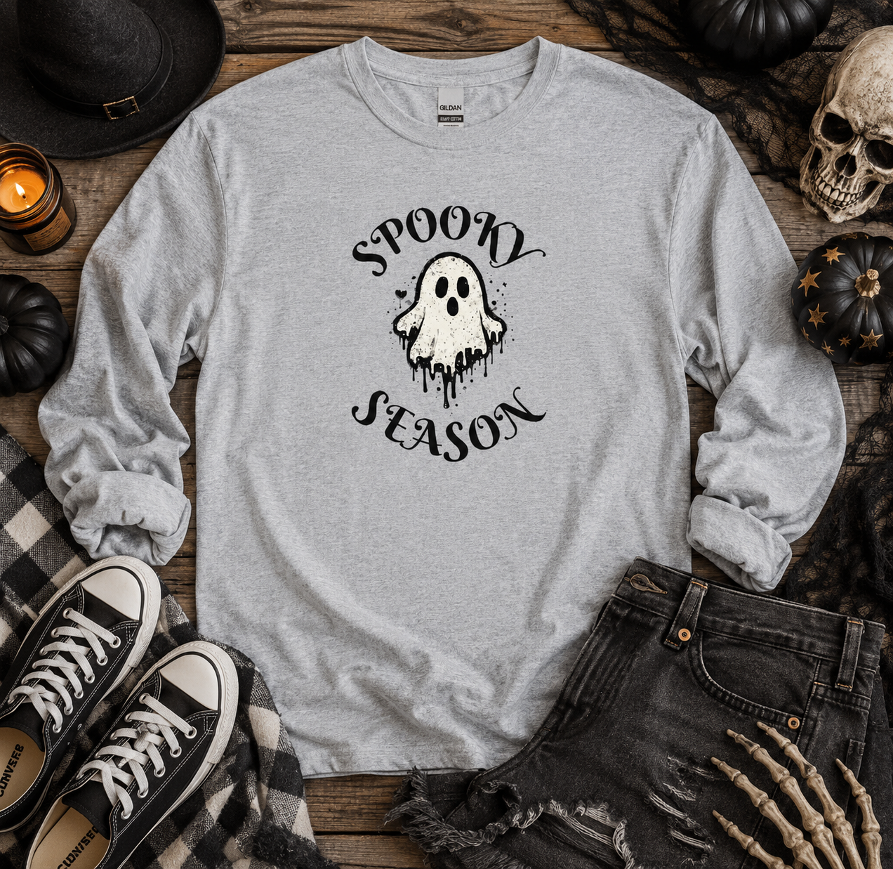 Spooky Season Long Sleeve Tee — Ghost Graphic Halloween Shirt