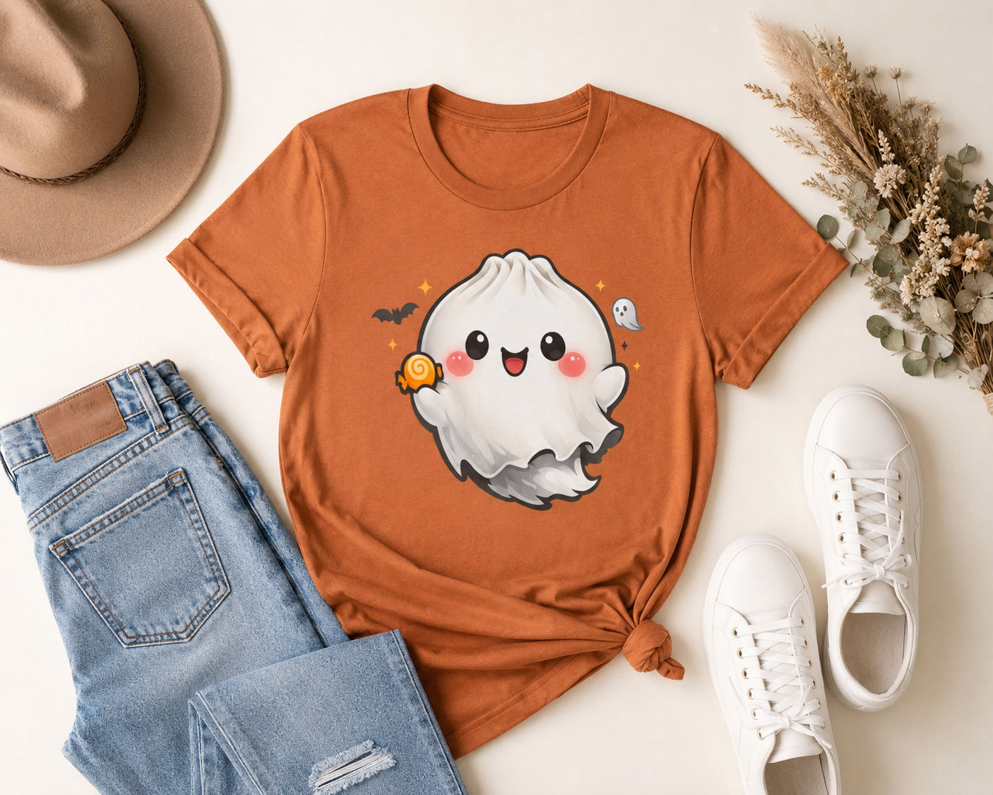 Cute Ghost Dumpling T‑Shirt — Kawaii Halloween Ghost with Candy