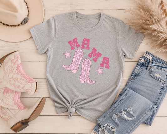Mama Cowgirl Tee — Pink Western Boots Graphic T-Shirt